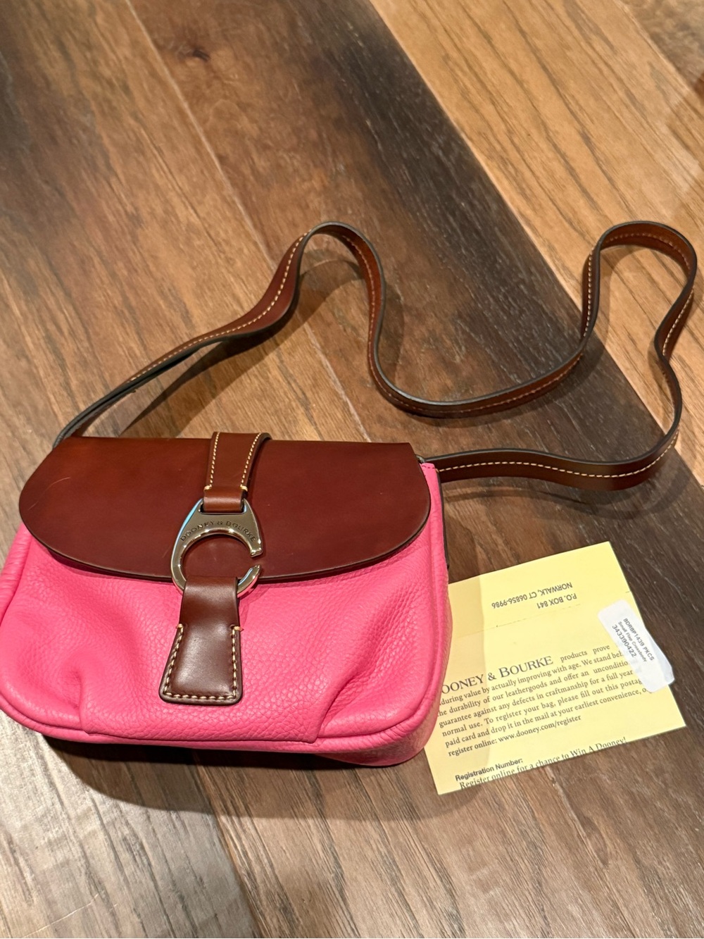 Dooney & Bourke Pink Leather Crossbody with Brown Flap and Strap